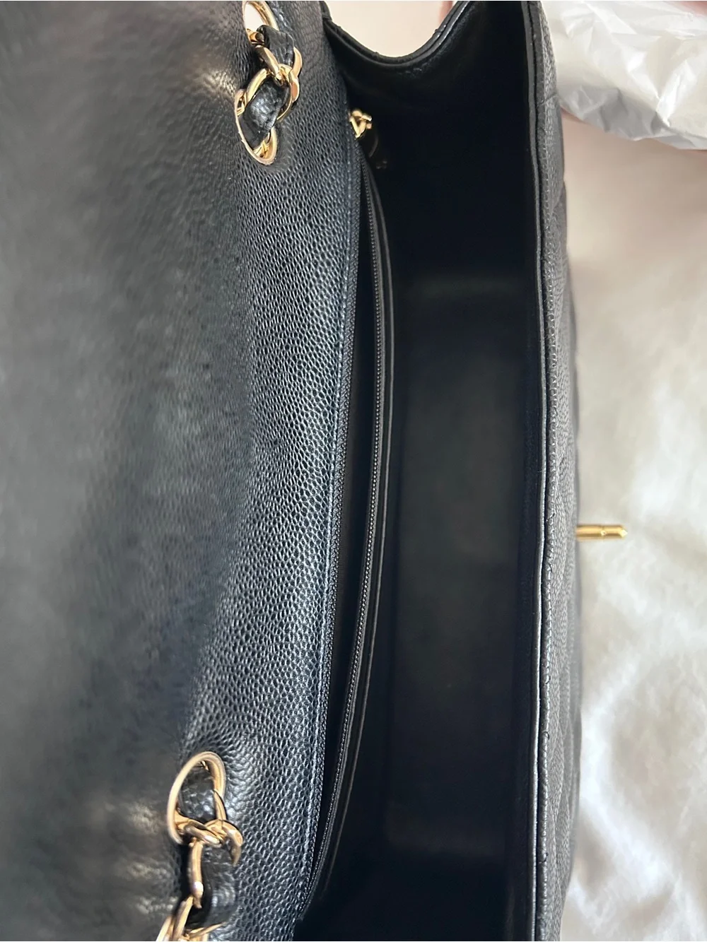 CHANEL vintage Black Jumbo Single Flap Caviar Leather Shoulder Bag with Gold